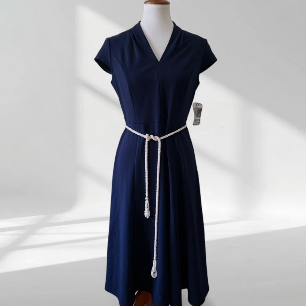 Sharagano Navy Blue Fit and Flare Midi Dress Pleated V-Neck Cap Sleeve NWT 6
